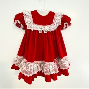 Vintage JoLene Cherry Red Lace Velour Baby Dress